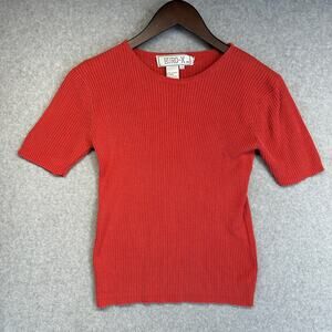 VTG Euro-X Shirt Top Womens Medium Red 100% Silk Ribbed Short Sleeve Pullover